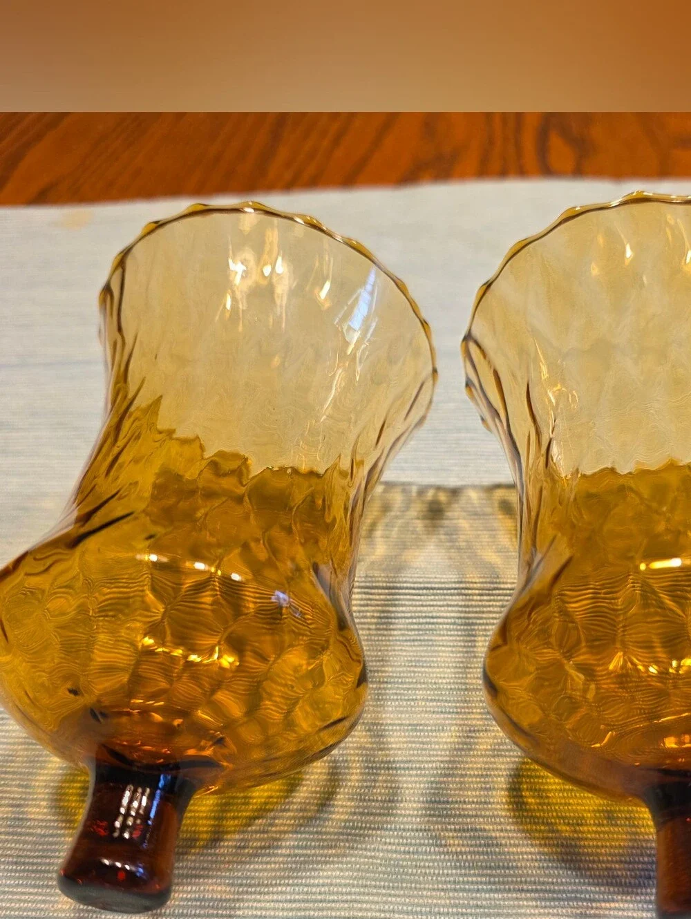 Vtg Set 2 Tall Amber Glass Peg Candle Cups Optic Diamond Honeycomb